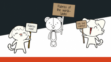 cartoon animals holding signs promoting rubrics