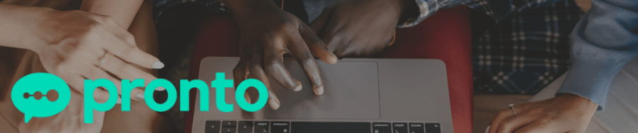 Pronto logo over diverse students' hands collaborating on laptop